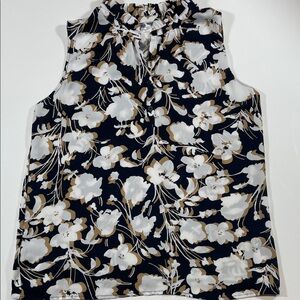 LOFT Outlet Navy Floral Sleeveless Blouse Ruffle Neck Button Front Size M